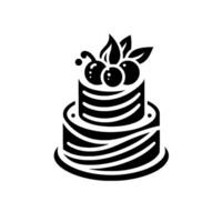 Elegant Black and White Illustration of a TwoTiered Cake Decorated with Cherries and Leaves, Minimalist Design. vector