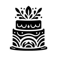 A Stylized TwoTier Cake Silhouette with Floral Crown and Intricate Geometric Patterns, Depicted in Black and White. vector