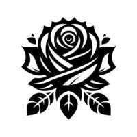 Bold Black White Floral Icon A stylized, symmetrical rose with intricate petal details and layered leaf accents, set against a stark white backdrop. vector