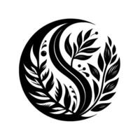 Elegant black and white Yin Yang symbol featuring stylized leafy branches and small berries, creating a balanced circular design. vector