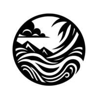 Serene Black and White Round Composition Mountains, Ocean Waves, Palm Fronds, and Clouds Within a Circular Frame, Minimalist Art. vector