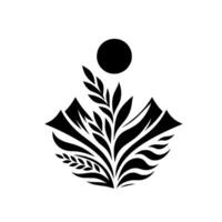 Elegant black and white illustration of stylized plants, mountains, and a sun, representing natural growth and balance. vector