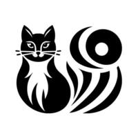 Stylized, symmetrical black cat illustration with a decorative, striped tail and white accents against a minimalist background. vector