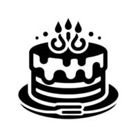 A monochrome celebratory cake, with tiered layers, dripping frosting, decorative candles, and dots, all presented on a plate. vector