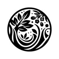 Stylized Black and White Botanical Design A Circular Composition of Leaves, Blossoms, Swirls, and Dots, Evoking a NatureInspired Motif. vector