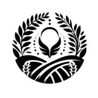 Elegant black and white circular emblem featuring stylized wings above rolling hills, adorned with leaves and wheat, evoking natures harmony. vector
