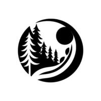 Abstract black and white circular featuring stylized pine trees, a moon, and organic shapes, evoking a sense of nature and balance. vector