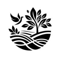 Stylized, monochrome depicting a bird in flight with tree and landscape elements, symbolizing nature and tranquility, contained within a circle. vector