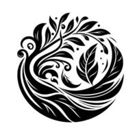 Circular Black and White Botanical Featuring Flowing Lines, Detailed Leaves and Elegant Curl Composition. vector