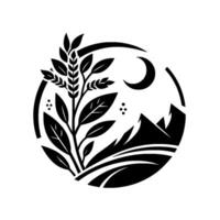 Black and White Circular Design Tree with Leaves, Spikelets, Mountains, Crescent Moon, Fields, and Stars. vector