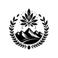 Black and white illustration of a mountain range crowned by a leafy emblem, surrounded by laurel wreath and droplet. vector