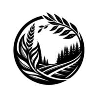 A Monochrome, Circular Composition Featuring Fields, Forests, and Botanical Elements. vector