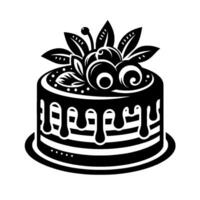 Detailed black and white illustration of a layered cake, adorned with berries and leaves, dripping chocolate icing, on a round plate. vector