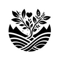 Black and white of a heart above a tree growing inside a stylized landscape with mountains and flowing lines. vector