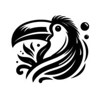 Stylized Black and White Toucan Bird with Leafy Accents and Abstract Bubbles, Isolated on a White Background. vector