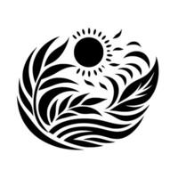 Black and white stylized emblem featuring a sunburst over abstract waterwaves, encompassed by detailed leaf and foliage. vector