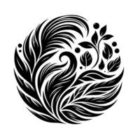 Elegant Black and White Circular Botanical Design, Featuring Stylized Leaves, Berries, and Swirling Forms, Evoking a Sense of Nature and Harmony. vector