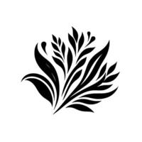 Black white floral illustration with stylized leaves and droplet elements arranged in a symmetrical, elegant display against a white background. vector