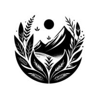 A stylized black and white nature illustration within a circular frame featuring mountains, foliage, a sun, and a minimalistic aesthetic. vector