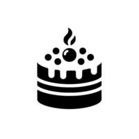 Simple Black and White Illustrated Cake with Icing, Berries, and a Candle Flame on a White Background. vector