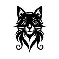 Stylized Black Cat Head with Fluffy Fur and Intricate Details Against a White Background, Evoking Elegance. vector
