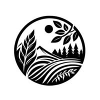 Black and white stylized circular illustration of a rural landscape, featuring a wheat stalk, rolling hills, mountains, pine trees, a sun, and leafy branches. vector