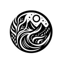 Circular Monochromatic Nature Illustration Mountains, Plants, Moon, Textured Leaves in Minimalist Design. vector