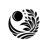 Circular Black and White Minimalist Featuring Crescent Moon, Stars, Leafy Growth, and Abstract Horizontal Lines. vector