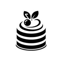Stylized Black and White Cake with Cherry and Leaves on top, Circular with striped layers in a minimal and modern on white background vector