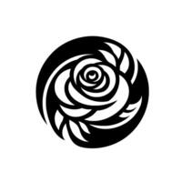 A stylized black and white floral featuring a rose within a circle, evoking elegance and simplicity, suitable for use. vector