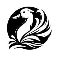 Stylized Black and White Duck in a Circle with Water and Flowing Feathers, Modern Design. vector