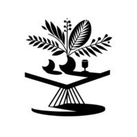 Minimalist Black and White Still Life A Geometric Arrangement of Foliage, Orb, Vase, and Glass on a Modern Table vector