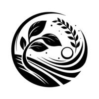 A minimalist black and white circular featuring leaves, wheat and field lines representing natures bounty. vector