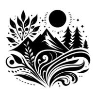 Black and White Nature Scene Mountains, Sun, Trees, and Decorative Foliage in a Symmetrical Composition. vector