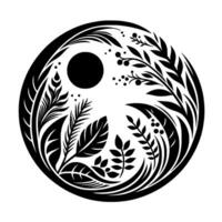 Circular Black and White Botanical Yin Yang with a Central Sun and Lush Foliage, Emphasizing Harmony. vector