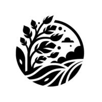 Black and white circular with a stylized tree, rolling hills, clouds, and dots, conveying natures beauty. vector