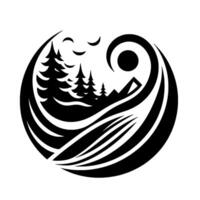 Yin Yang Landscape Black and White Circular with Trees, Mountains, Sun, Birds, and Water Elements, Creating a Harmonious Nature Scene. vector