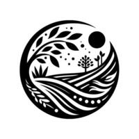 Black and White Circular Nature Illustration Featuring a Tree, Fields, Sun and Foliage, Symbolizing Harmony and Growth vector