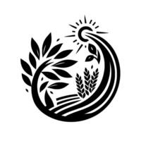 Stylized Black and White Circular Illustration Sun, Field, Tree, and Wheat, Symbolizing Growth and Agriculture. vector