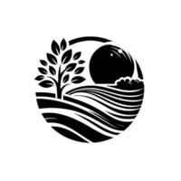 Black and white minimalist design, tree, field, and a stylized bowling ball or sun within a circular frame. vector