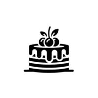 A minimalist black and white illustration of a layered cake topped with cherries, featuring a simple, clean against a white backdrop. vector