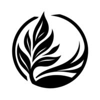 Black and white botanical emblem featuring stylized leaves within a circular frame, minimalist and symmetrical. vector