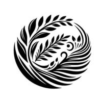 Black and white circular floral emblem with stylized leaves, branches, and decorative elements on white background, symbolic and elegant. vector