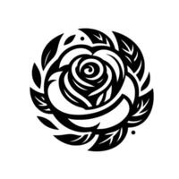 Elegant, symmetrical black and white illustration of a rose, encircled by stylized leaves and a subtle use of shading on a plain white background. vector