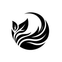 A minimalist black and white of stylized leaves and curved lines, forming a circular botanical design. vector
