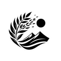 Black and white emblem stylized mountain peaks, sun, and a leafbranch motif creating a circle, representing natures balance. vector