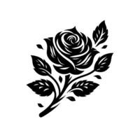 Elegant black rose silhouette, a symmetrical floral with detailed petals and leaves set against a pristine white background, with a hint of classic art. vector