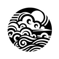 Black and White stylized illustration of a circular landscape featuring clouds, sun, and waves, evoking a sense of serenity and minimalist art. vector