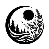 Stylized YinYang Symbol Forest, Sun, and Wheat Elements, Black White Minimalist Design. vector