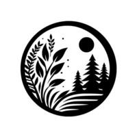 A minimalist, circular illustration featuring a silhouette of plants, trees, and a moon, rendered in black and white, evoking a serene nature scene. vector